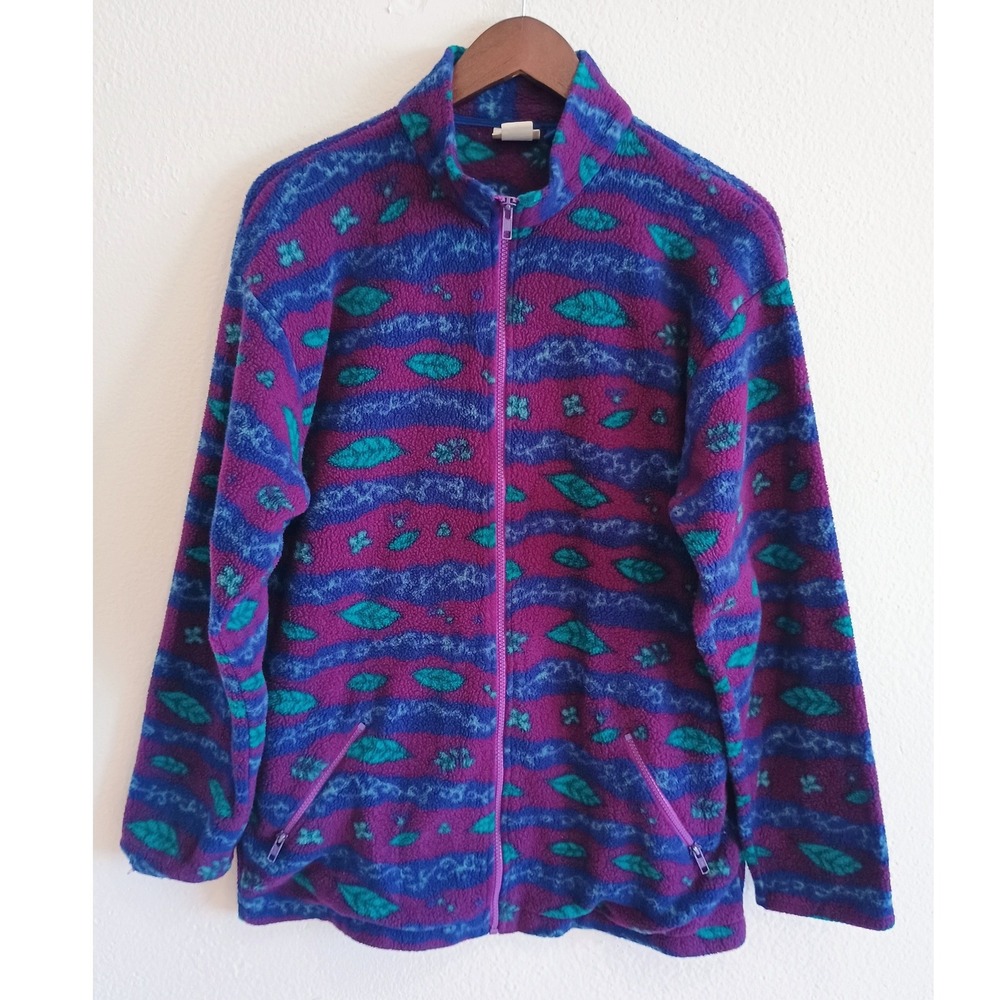 Vintage LL Bean Fleece Jacket Womens Full Zip Purple Blue Leaf Floral SZ M